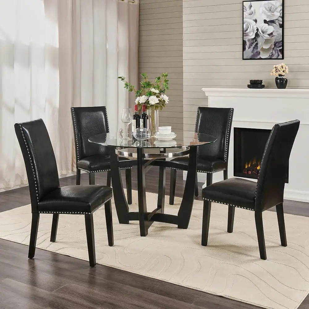 Set of 4 Upholstered Dining Chairs Faux Leather Kitchen Side Chairs with Nail-Head Trim Ergonomic Design Living Room Bedroom 3