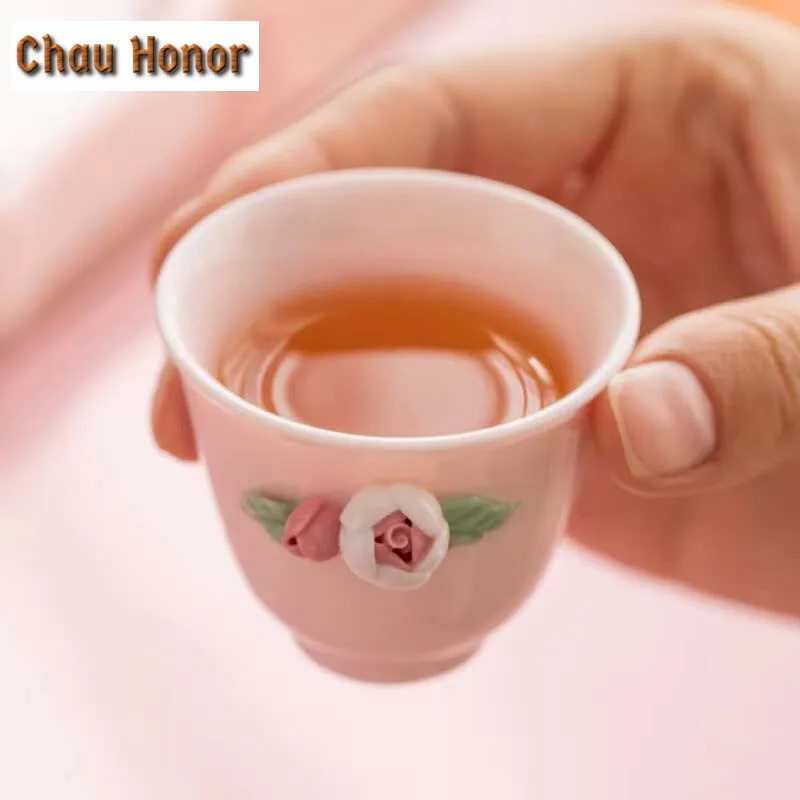 Creative Pink Flower Pinching Ceramic Small Tea Cup Handmade Household Chinese Kung Fu Teaset Tea Ceremony Accessories Drinkware