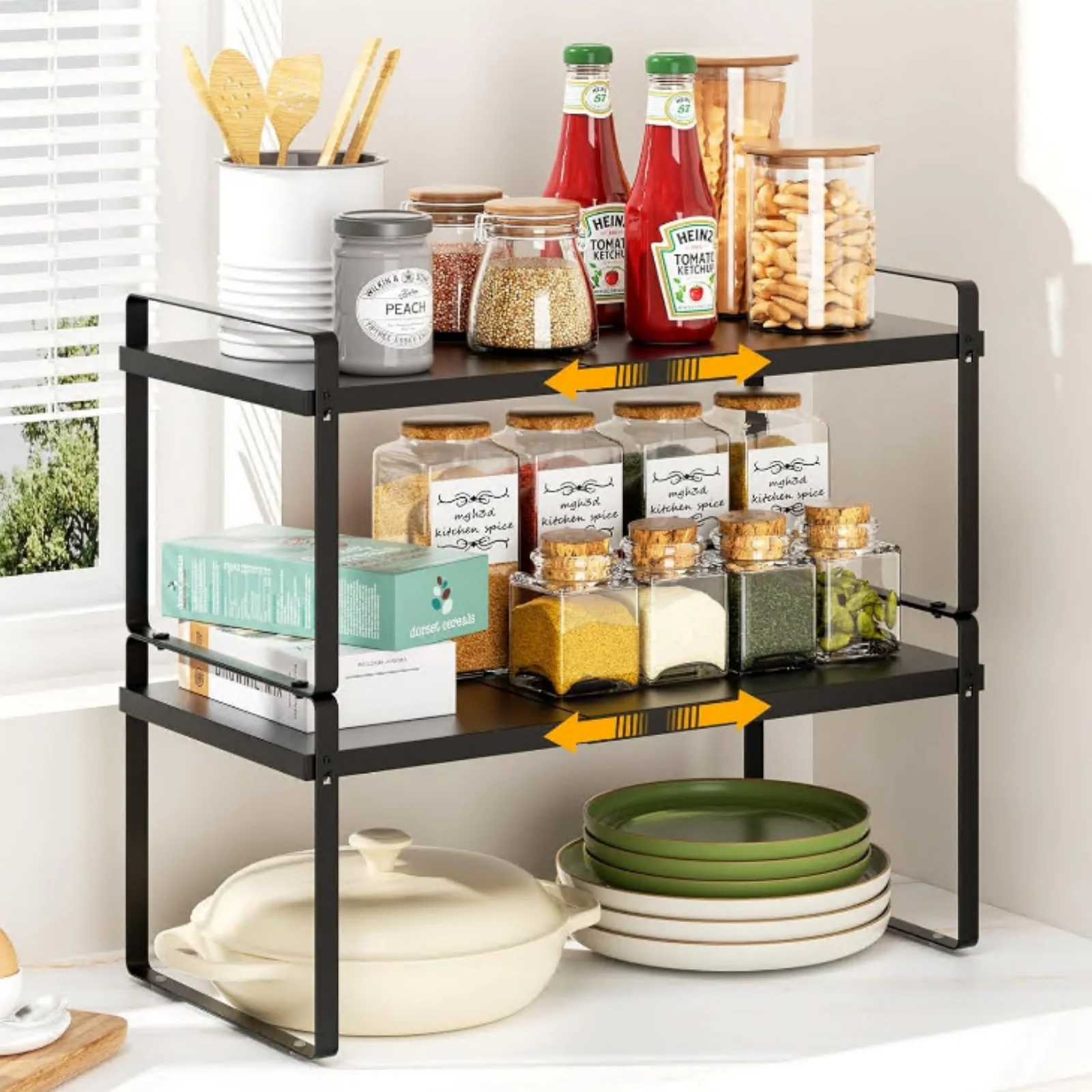 Expandable Kitchen Shelf Organizer, 2 Pack Stackable Kitchen Shelf Worktop Organizer, Spice Holder, for Kitchen, Bathroom