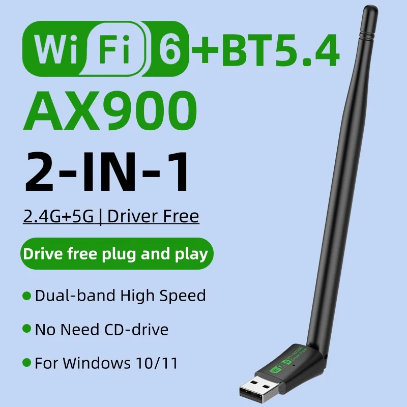 AX900 USB WiFi6 Bluetooth 5.4 어댑터 2in1 동글 듀얼 밴드 2.4G 및 5GHz WiFi 네트워크 안테나 수신기 PC Win 10 11 드라이버 무료