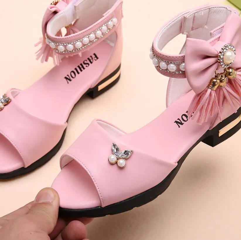 Kids Bow Sandals Children Girls Summer Cute Sandals Beach Sandals 2021 Princess Fashion High Heels Tassel School Shoes 5