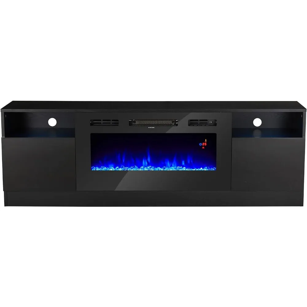 80" TV Stand with 40" Electric Fireplace, Texture Media Center with Highlight Storage Cabinet and 12 Colors LED Lights, Tv Stand 6