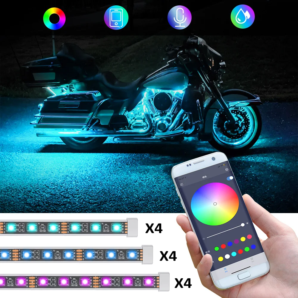 

Светодиодная лента для освещения, 12 В, RGB, для мотоцикла, автомобиля, набор для самостоятельной сборки, водонепроницаемая, Bluetooth