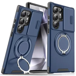 Magnetic Stand Case with Slide Lens Protection and Rotating Hidden Holder Cover - Out of stock (Blue)