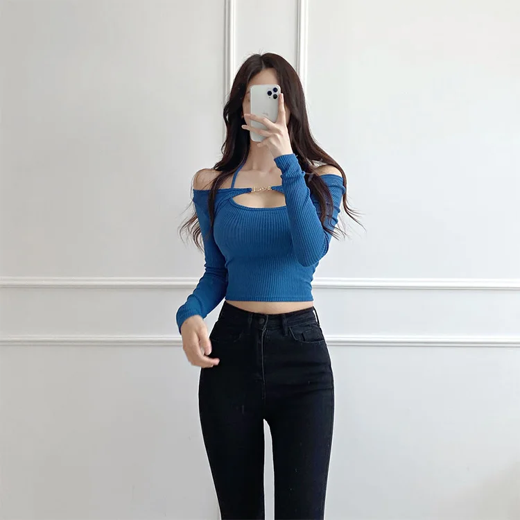 Sommer Slim Fit Komfortable Sexy Halter Strap Metall Schnalle T-shirt + Koreanische Slim Fit Kurze Stricken Top Frauen Set langarm Crop Top – Detail 4