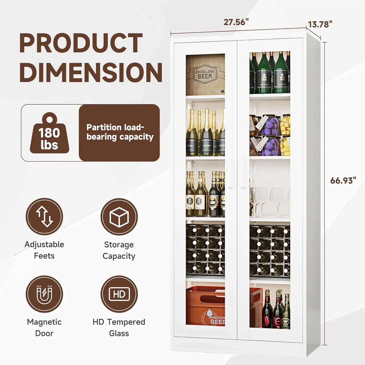 Display Cabinet with Glass Doors,67-inch Curio Cabinets with 4 Adjustable Shelves,Tempered Glass Cabinet Display Case for Home 3