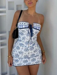 Women Off Shoulder Mini Dress Sleeveless Boho Floral Printing Lace up Tube Dress Y2k Bodycon Dresses Party Club Streetwear 2023
