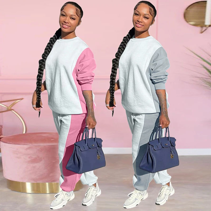 

2024 Autumn and Winter Color Matching Sweater Fabric Sports Casual Set Two-Piece Set Round Neck Loose Fitting Casual Sweater