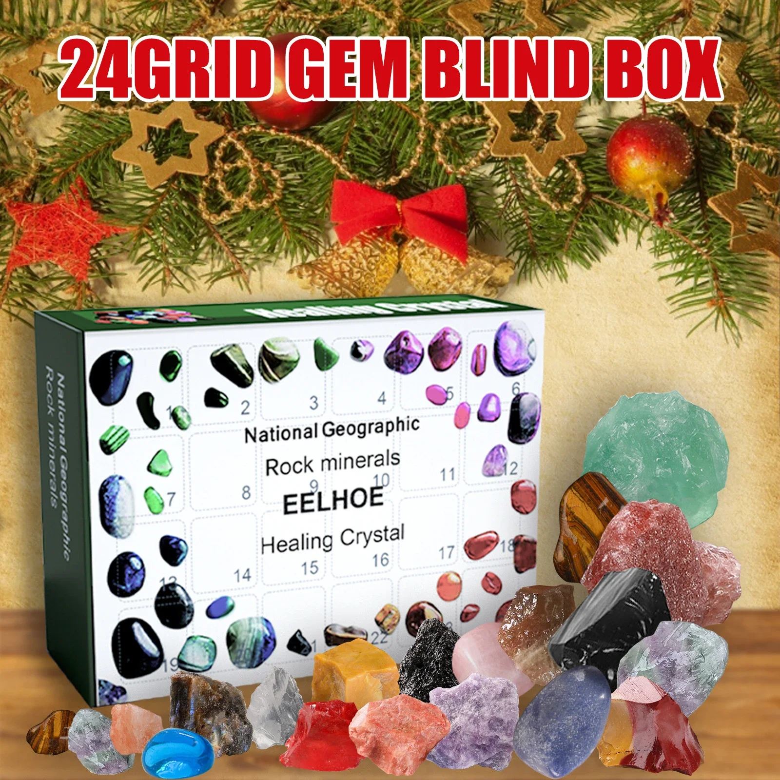 New Christmas Advent Calendar Healing Crystal Mineral Gift Box Kids with Rock Stone Collections Pebbles Polished Gravel