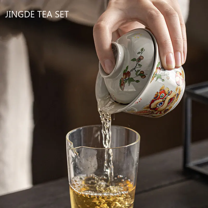 Ceramic Handmade Gaiwan Creative Color Painting Lion Tea Tureen Portable Office Tea Bowl with Cover Teacup Chinese Tea Set