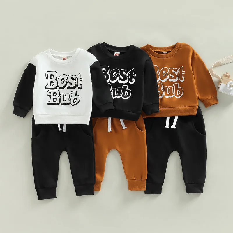 

Newborn Baby Boy Clothes 2Pcs Pant Sets Fall Winter Long Sleeve Letter Print Pullover Solid Color Long Pants