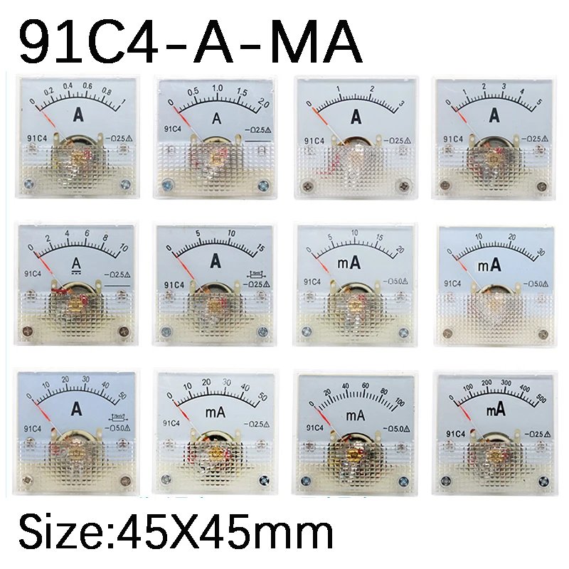 

91C4 Ammeter DC Analog 1A 2A 3A 5A 10A 20A 30A 50A 100A 200A 300A 500A Panel Mechanical Pointer Type Amper Meter Current Meter