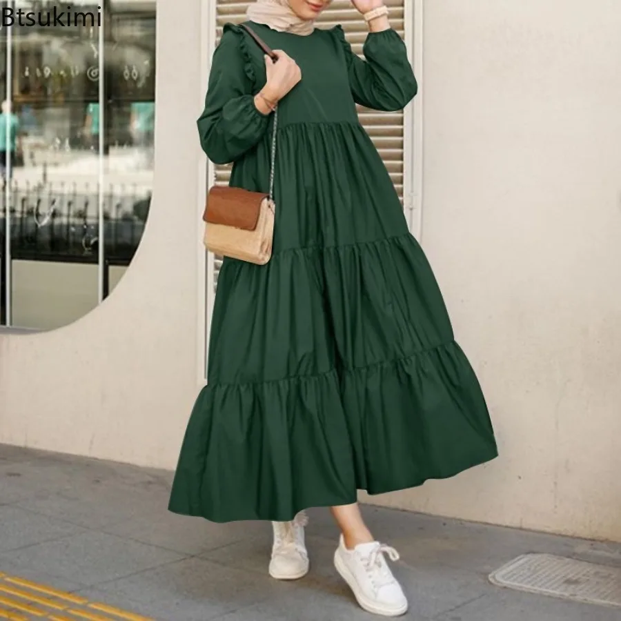2024 Vintage Solid Muslim Dresses Women Dubai Abaya Islamic Maxi Dress Robe Females Elegant Sweet Party Sundress Kaftan Vestidos