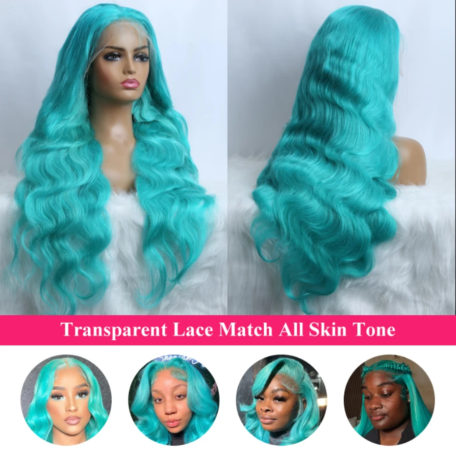 13x6 Teal Ocean Blue Lace Front Wig Human Hair Body Wave Transparent Lace Frontal Wigs For Women Remy Turquoise Hair 38 40 inch 4