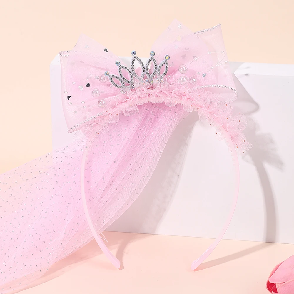 Cute Princess Wedding Veil Headband With Crown Large Meah Bow Hair Hoop Sweet Birthday Party Hair Band Costume Hair Accessories