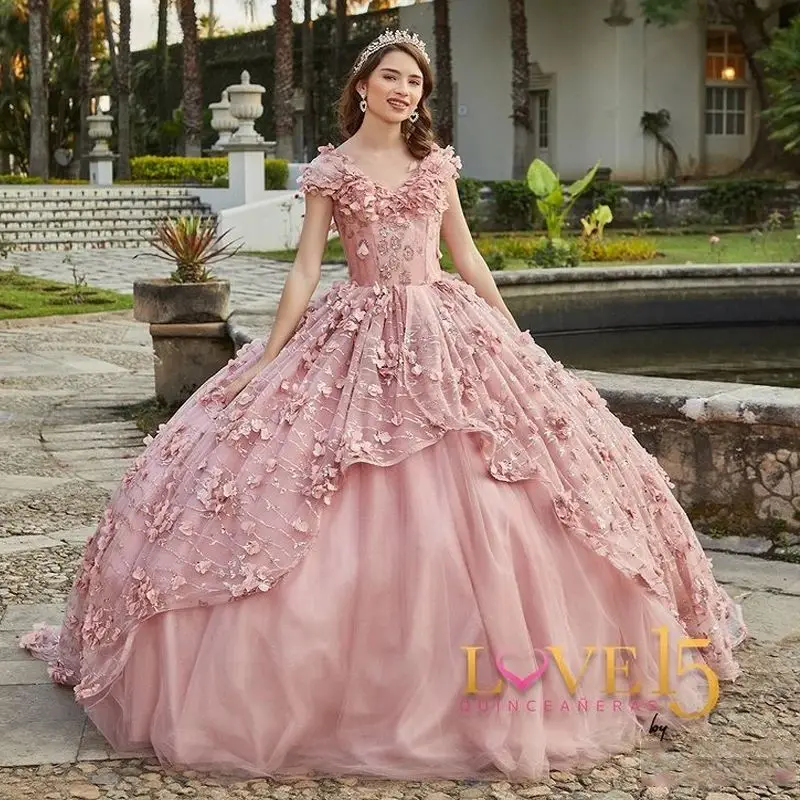 

Lorencia Pink Quinceanera Dress Ball Gown Florals Flowers Lace Appliques Beads Ruffles Sweet 16 Dress Vestidos De XV Anos YQD372