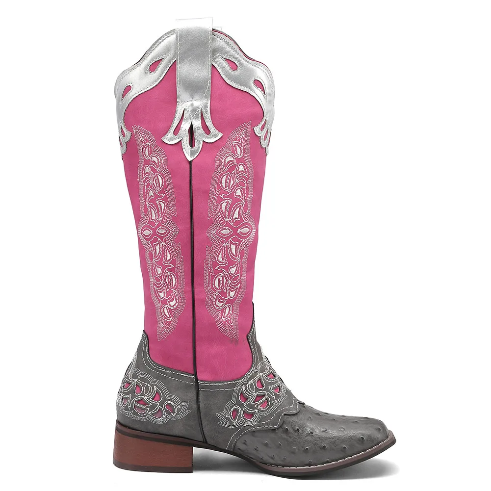 AOSPHIRAYLIAN Western Cowboy Patchwork Sewing Floral Boots For Women 2023 Knee High Retro Cowgirl Riding Women's Shoes Boots