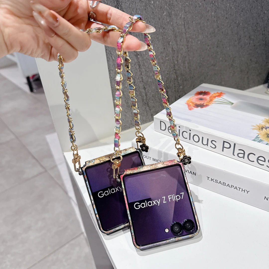 Elegant Gold Stamped Floral Phone Case with Chain Lanyard – Luxury Design Premium Cover