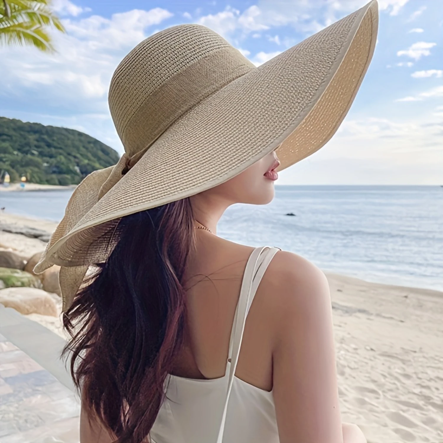 Women's Wide Brim Straw Hat, Foldable Summer UV Beach Hats With Bowknot, Flexible Dome Hat For Outdoor Use