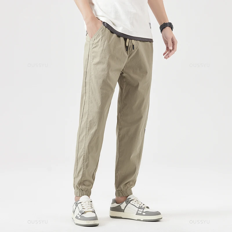 Men Cotton Harem Pants Spring Summer Ankle Length Thin Drawstring Cosy Korean Solid Color Casual