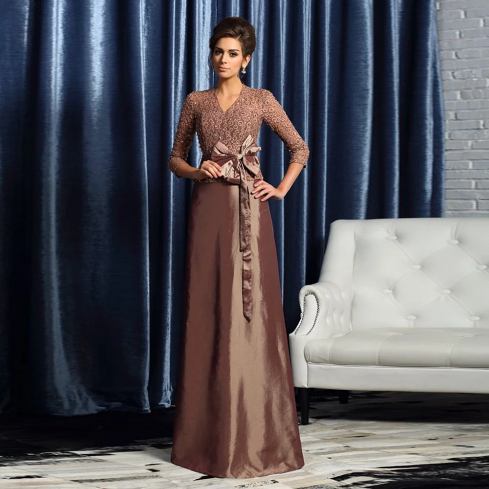 

Elegant Satin Floor Length Mother Of The Bride Dress Custom Plus Size 3/4 Sleeves V Neck With Bow Wedding Guest Vestido De Noche