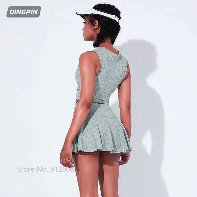 2 Pcs Prints Sports Crop Tops Women Sleeveless Tennia Shirts Ladies Pleated Tnnis Skirts Tennis Workout Clothes Sportswear Gym