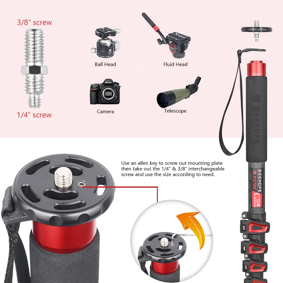 D260C/370C Professional Carbon Fiber Portable Travel Monopod Maxheight 160/169cm