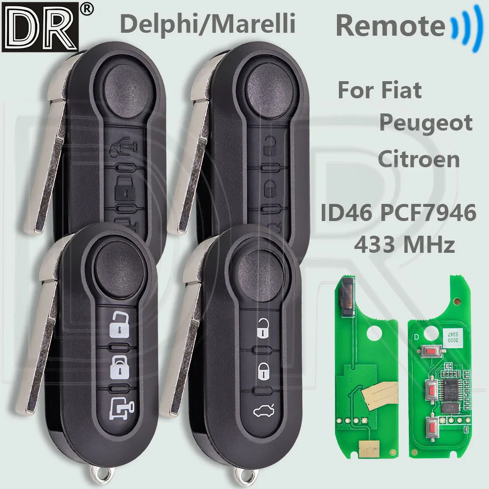 Car remote key DR ID46 PCF7946 433MHz For Fiat Delphi 500 Panda Punto Bravo Marelli 500L Ducato Peugeot Boxer Citroen Jumper VAN