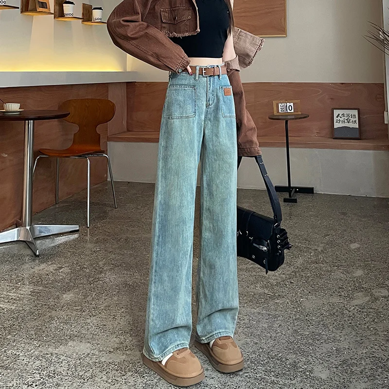 Straight Jeans Women High Waist Streetwear Light Blue Boyfriend Denim Pants Ladies Wide Leg Jeans For Girls