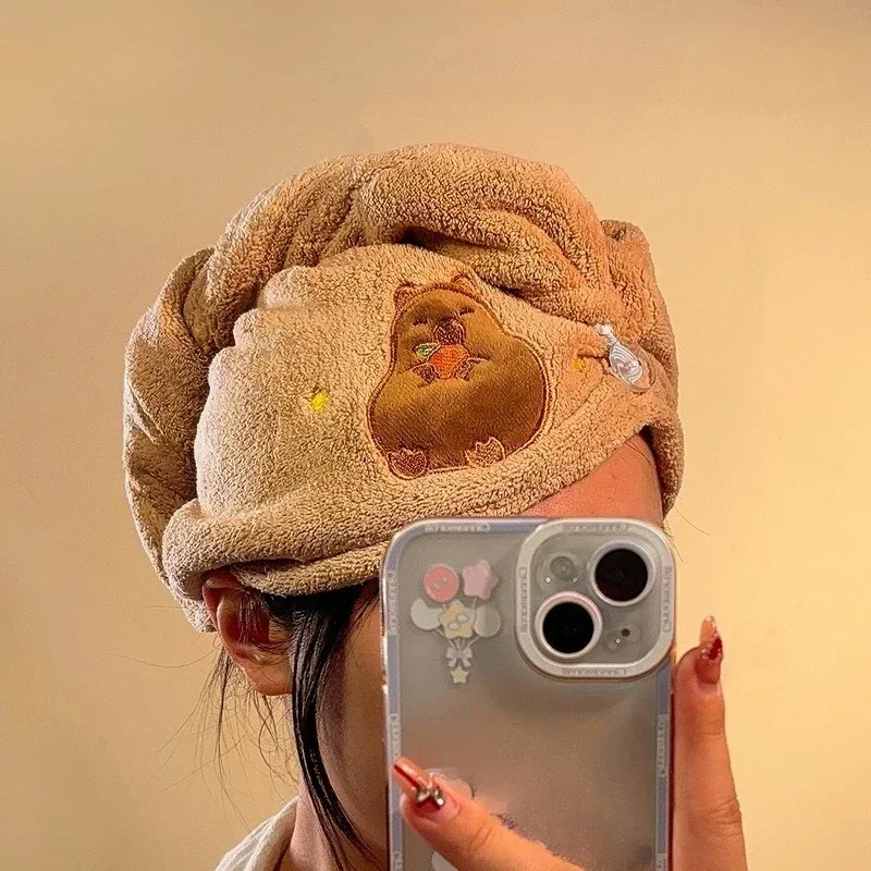 Cute Cartoon Capybara Plush Dry Hair Cap Absorbent Quick Dry Coral Velvet Shower Cap for Women Kid Kawaii Girl Hair Towel,shower cap,dry hair cap