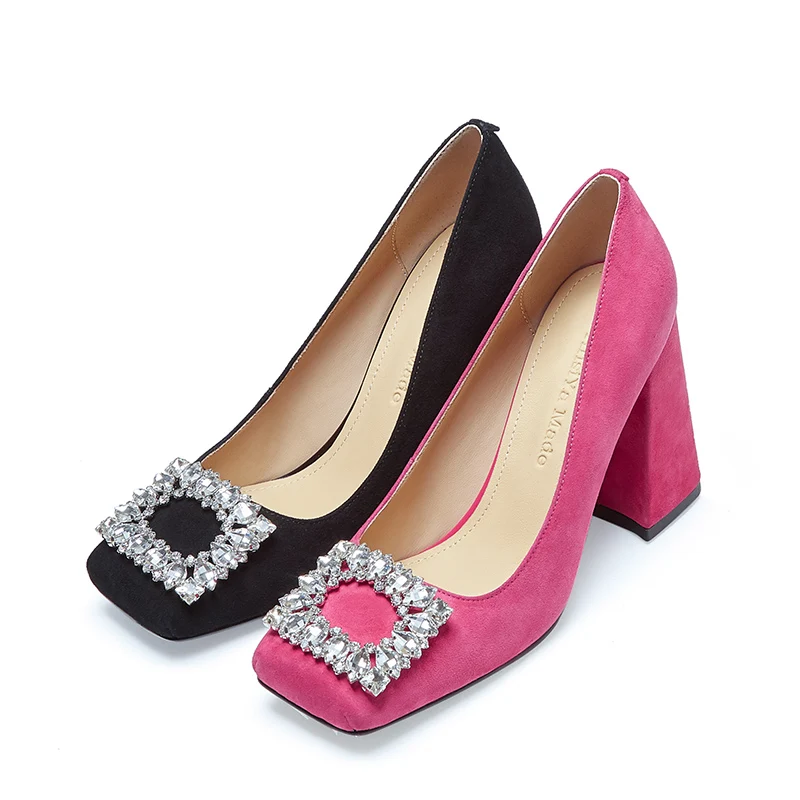 

Luxury Suede Bling Crystal Mary Janes Shoes New Square Toe Chunky High Heels Women Brand Shallow Fashion Sexy Party Dress Pumps