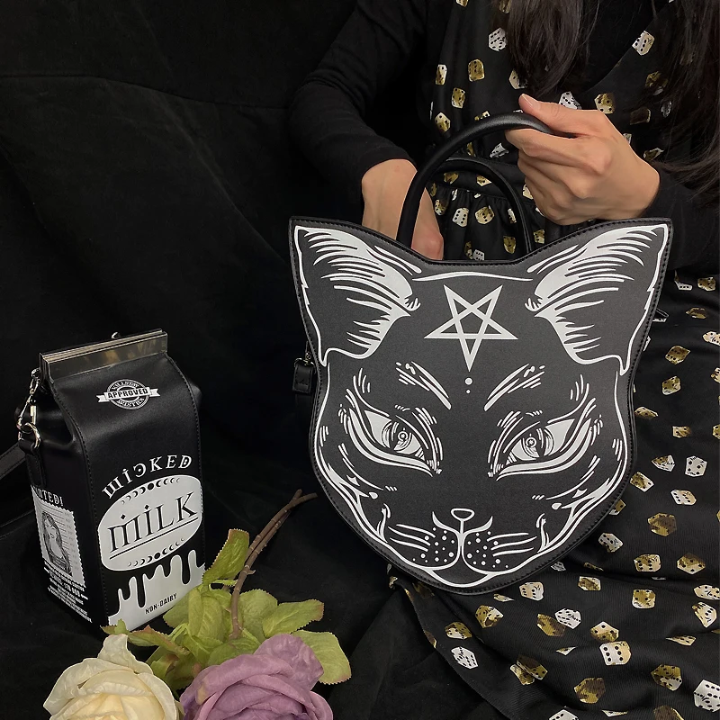 Gothic Pentacle Cat Purses and Handbags for Women Punk Harajuku Style Girls Shoulder Bag Black Top Handle Purse Fashion Totes