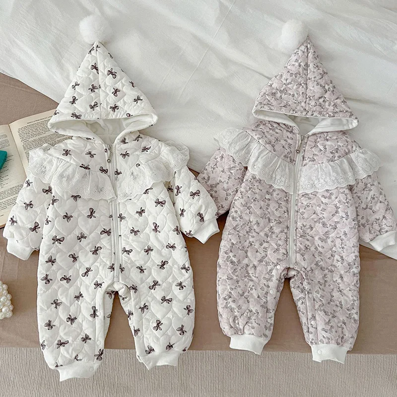 

MILANCEL Winter Baby Clothes Fur Lining Hoodie Rompers Fleece Floral Jumpsuits Infant Outwear