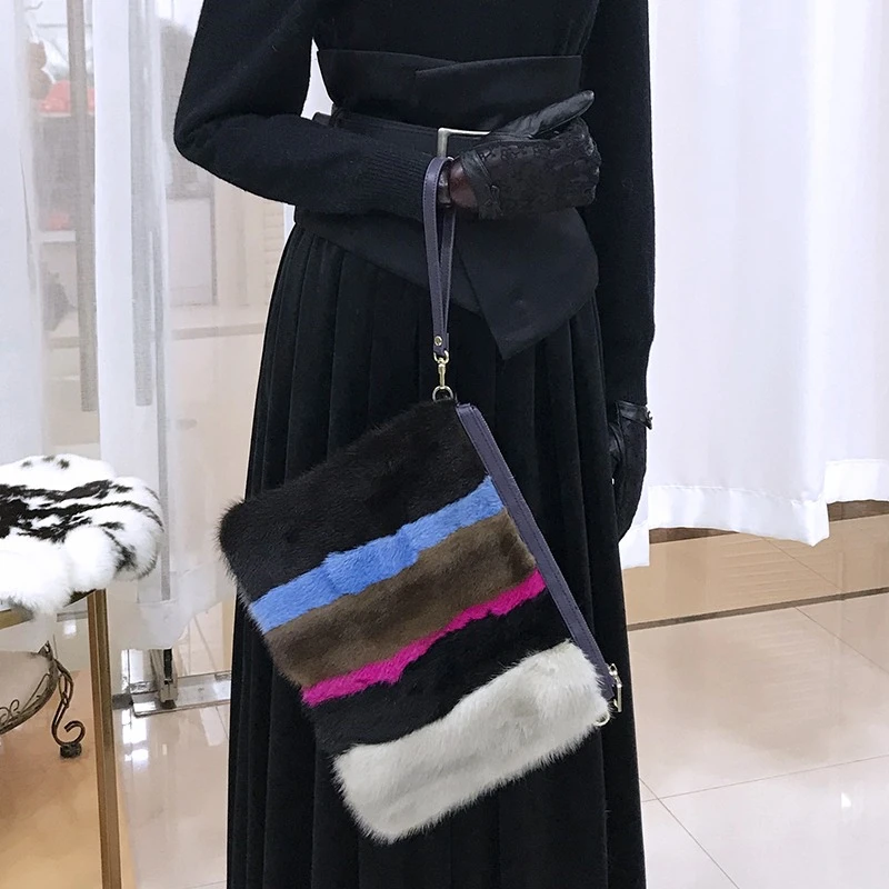 Elegant Luxury Women's Fur Bag High Quality Mink Fur Striped Design Envelope Bag Fashion Trend Plush Square Bag