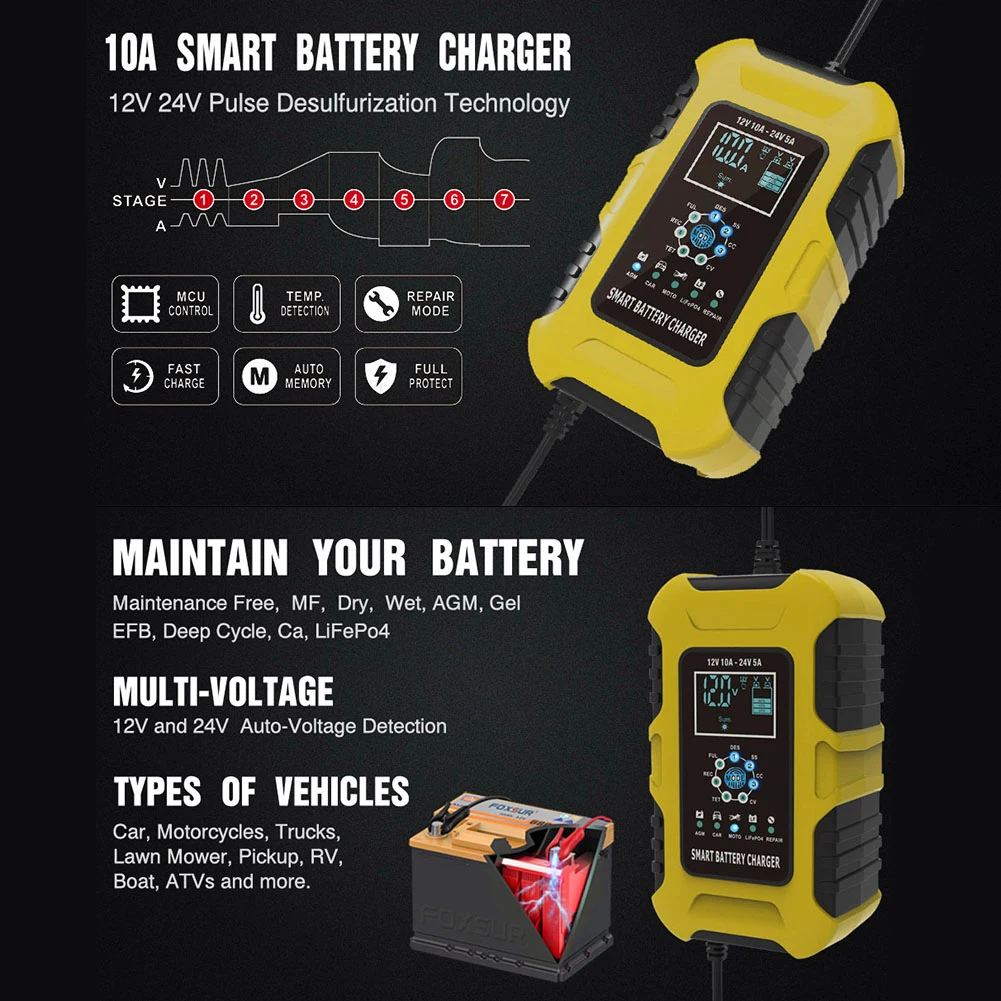 Chargeur de batterie automatique à 7 niveaux, 12V 10a 24V 5a, pour voiture,  camion, moto, Lithium LiFePO4, plomb, écran LCD - AliExpress
