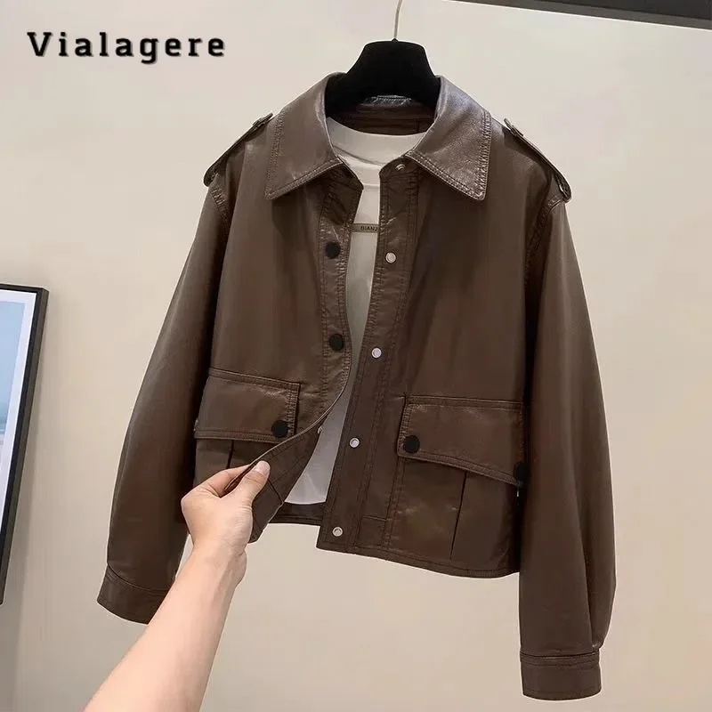 

2023 Winter Women Casual Retro Hip-hop Motocycle Style Faux Leather Jacket Vintage Loose Long Sleeve Winter Solid Faux Jacket