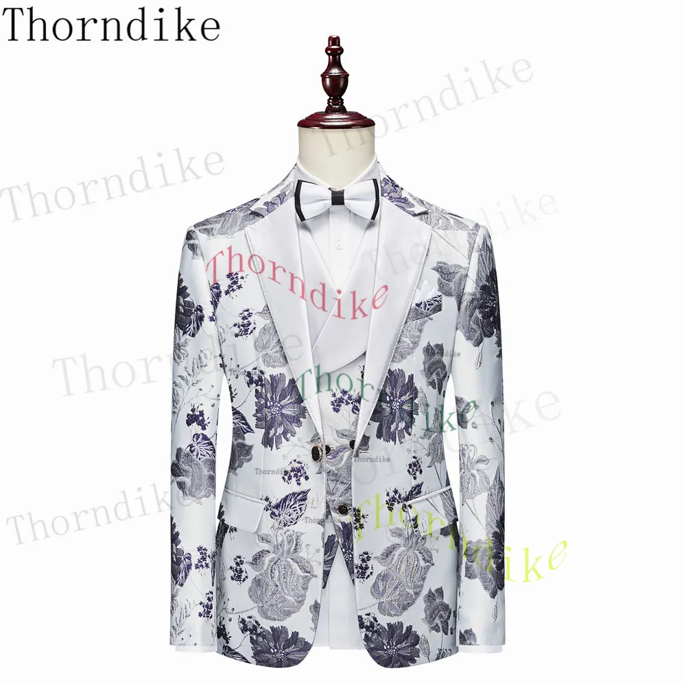 Thorndike New Men Casual Boutique Business Slim Print Flower Single Breasted Formal Suit Set Dress Blazers Jacket Pant Vest