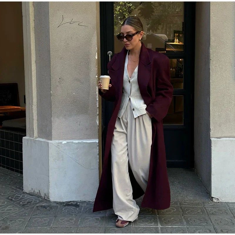 Fashion Burgundy Red Woolen Long Coat Women Oversized Shoulder Pads Full Sleeve Double Breasted Overcoats Autumn Lady Streetwear