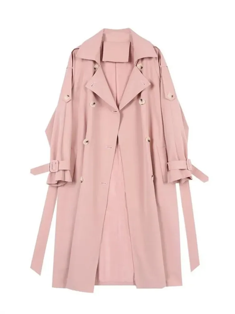 

Women's Pink Trench Coat Casual Long Coat Loose Coat Jackets Spring Autumn Fashion Double-breasted Draped Windbreaker Female