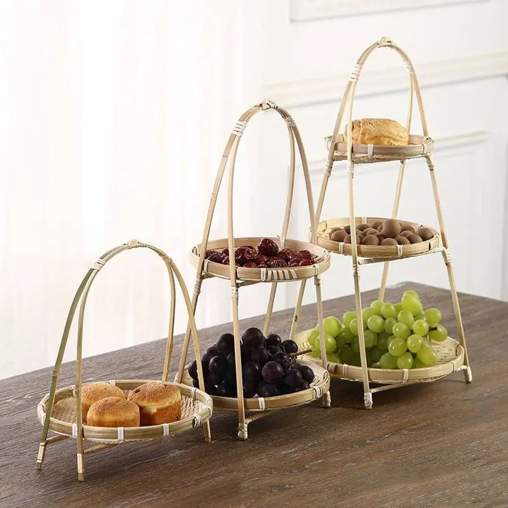 Fruit Tray 1/2/3 Tier Bamboo Weaving Baskets Round Weave Snack Display Stand Elegant Handcrafted Storage Baskets Pastries 4