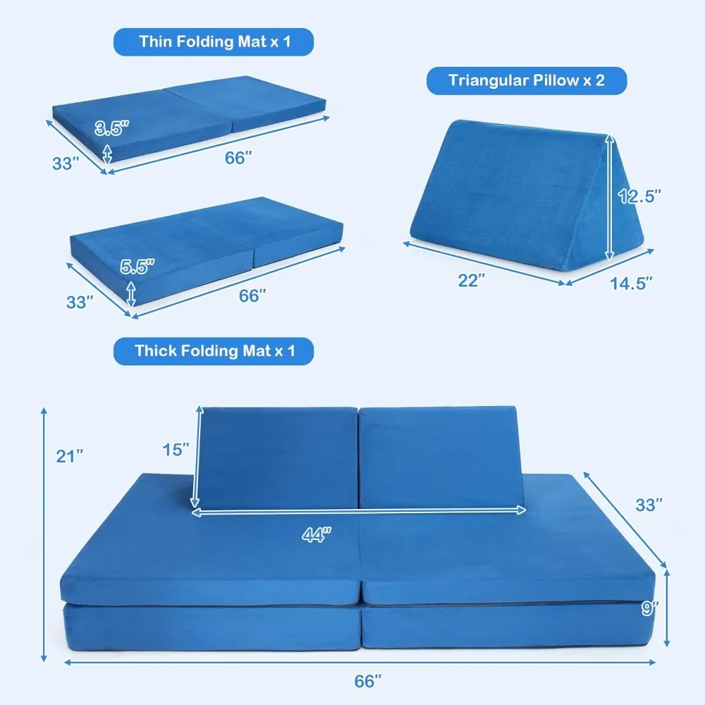 Kids Couch, 6-Piece Convertible Children's Sofa Playset or 2 Chair w/Folding Mats & 2 Pillows, Washable Cover 3