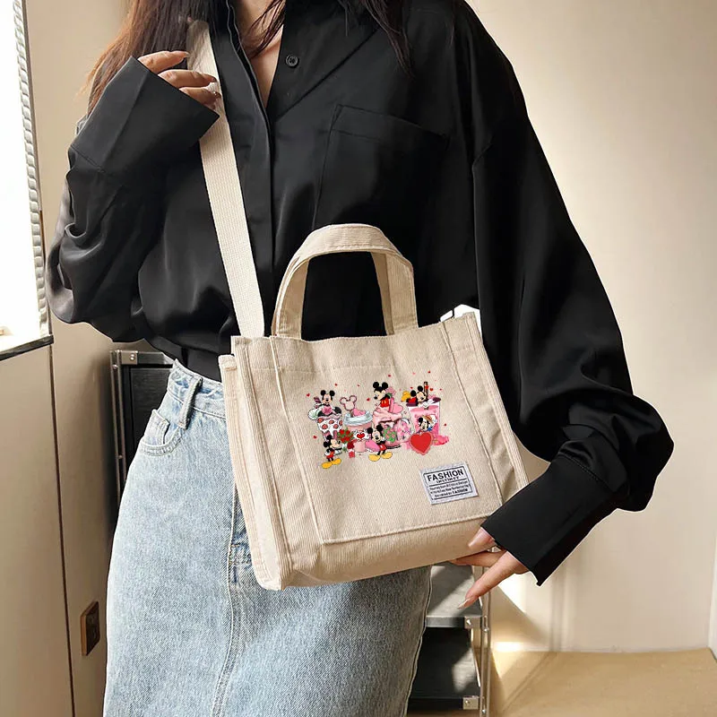 

Disney Mickey Minnie Mouse Women's Handbag Corduroy Small HandBags Students Shoulder Bags Ladies Tote Bag Female Purs Cute Gifts