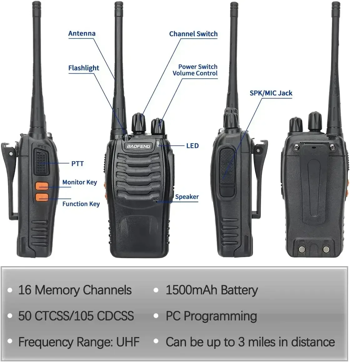 Baofeng Official Store 2Pcs BF 888S Walkie Talkie UHF 400 470MHz Long Range Two Way Ham Radios Transceiver for Hunting Hotel 4