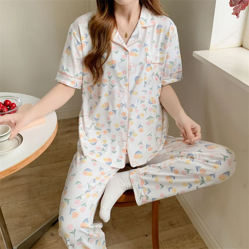 Spring Summer Women's Thin Pajamas Lapel Short Sleeve Cardigan Pants Loose Casual Home Clothing Set Sweet Cute Sleepwear