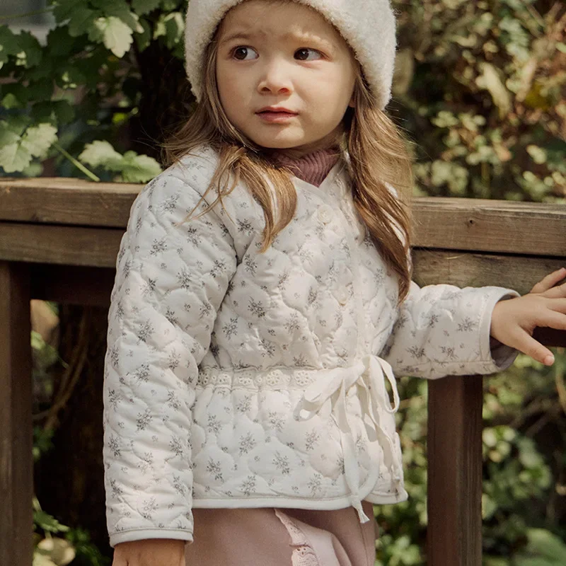 Winter New Girls Cute Print Parkas Fragmented Flowers Waist Children's Cotton Coat