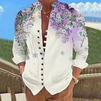 Vintage Men Button-Up Casual Imitation Linen Tops Stand Collar Long Sleeve Shirts Clothes Men Floral Vintage Fashion Streetwear - Image 2