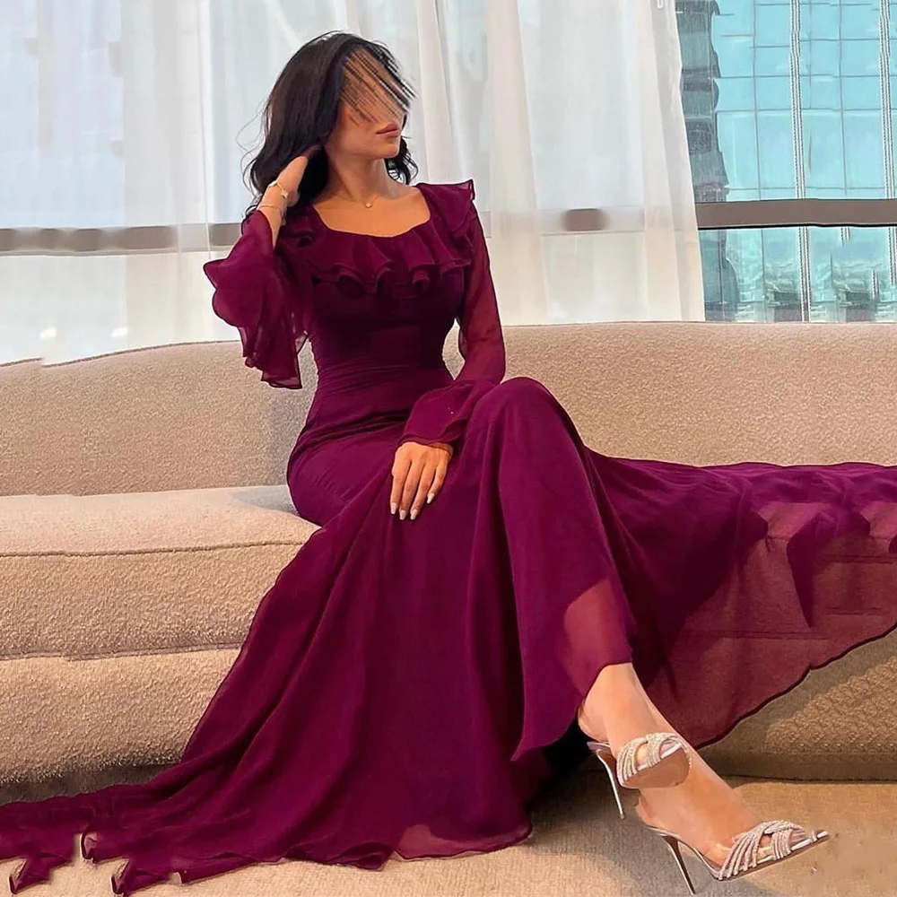 

Illusion Round Neck Ruffles Long Sleeve A-Line Prom Dresses Vintage Evening Gown For Women Chiffon فساتين للحفلات الراقصة