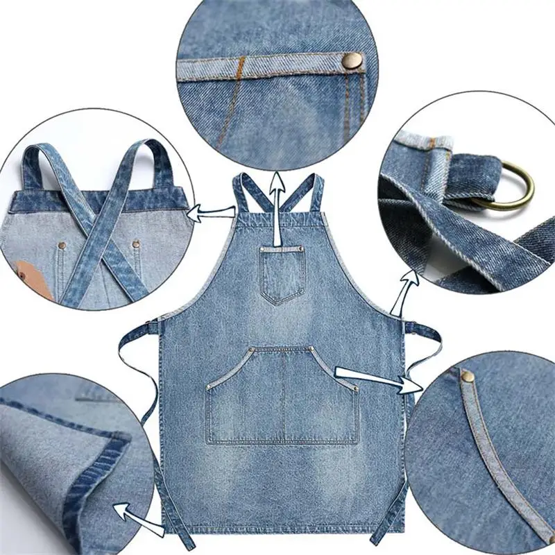 Custom cotton denim fabric Apron with Pockets Jean Apron for Hairstylist tool pockets 4