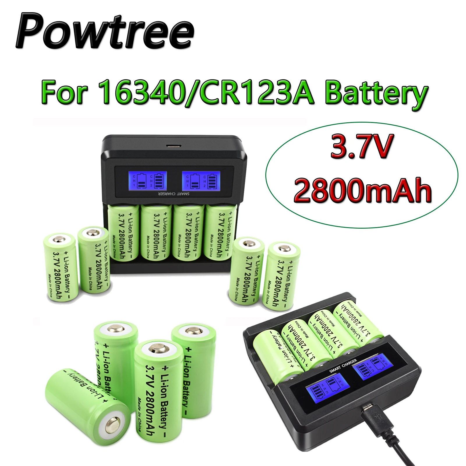 Powtree-baterias Recarregáveis para Caneta Laser Led Lanterna Celular Câmera de Segurança 3.7v 2800mah Li-ion 16340 Cr123a