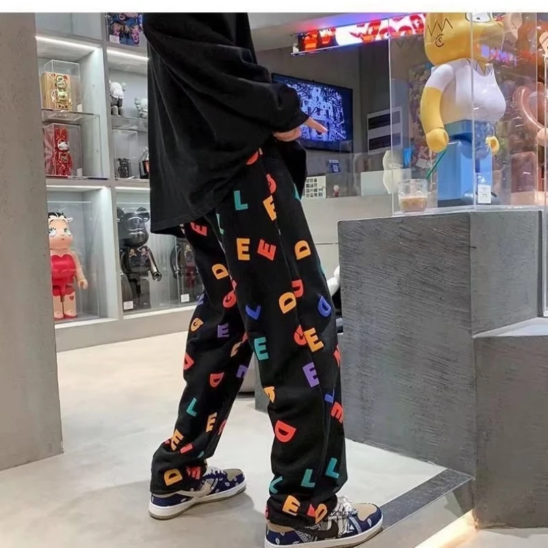 Men's Spring Autumn American Style Wei Pants Loose All-match Trendy Letter Printed Elastic Waist Wide Leg Sports Casual Trousers